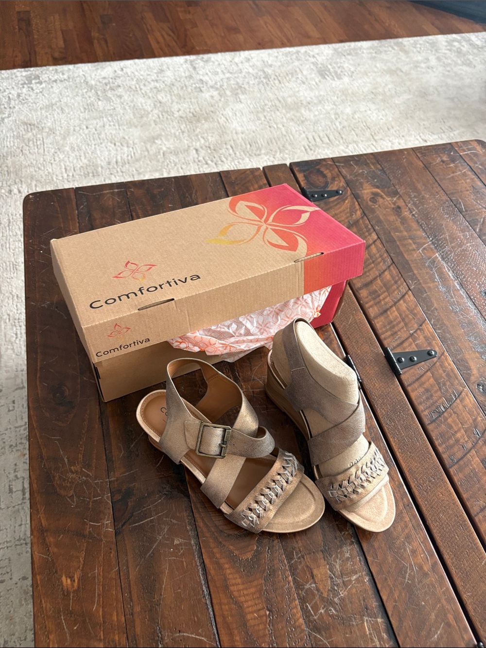 Comfortiva Taupe Wedge Sandals with Buckle and Braided Detail